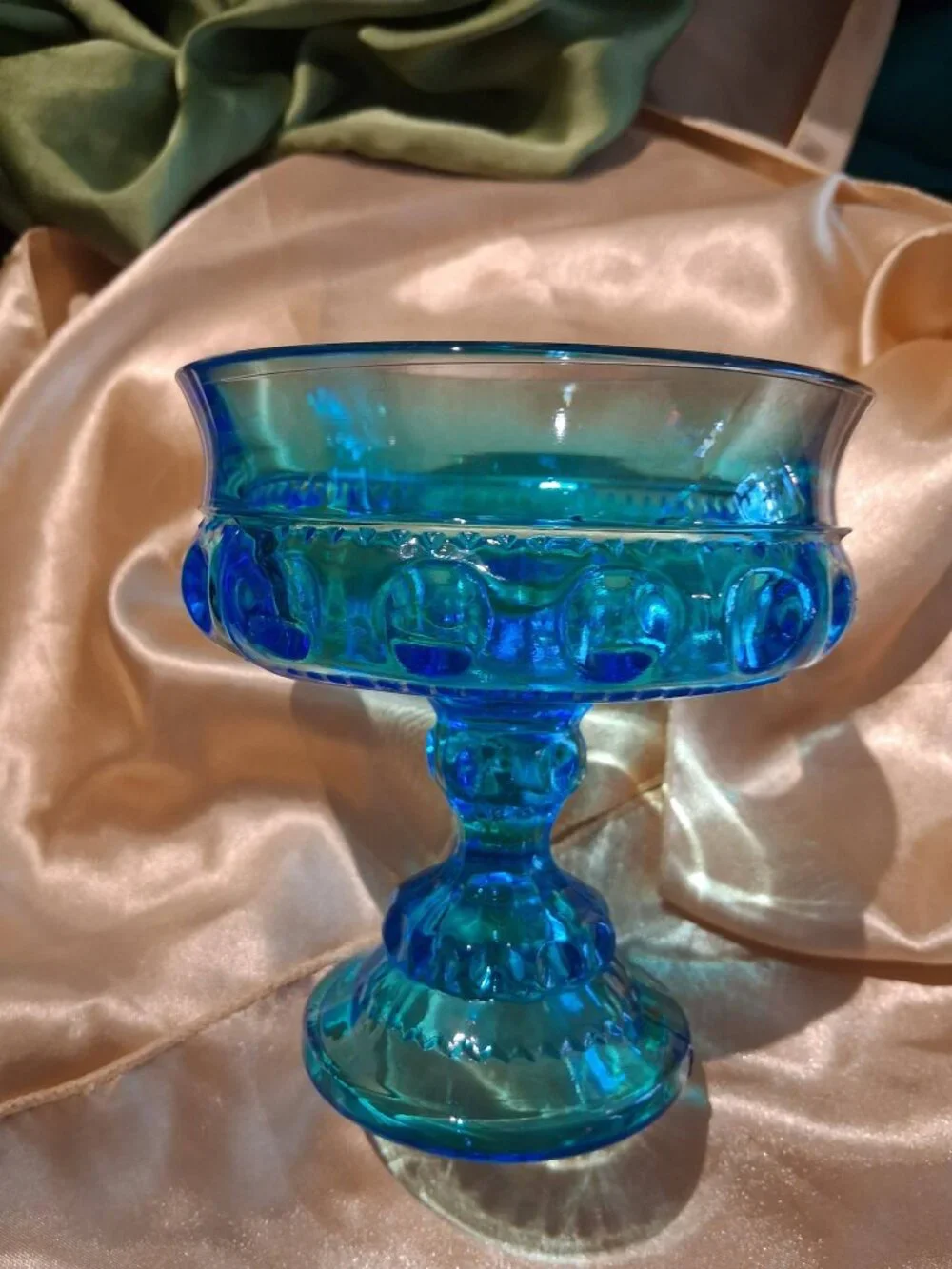 Vintage Indiana Glass Kings Crown Aqua Blue Pedestal Candy Dish Compote Bowl